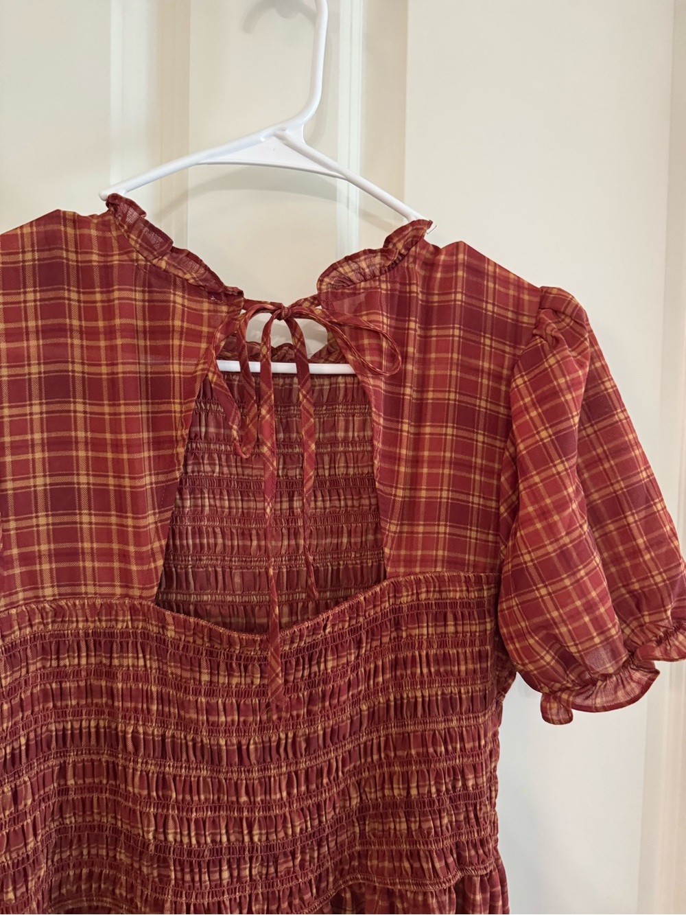 Burgundy Plaid Smocked Midi Dress - Picture 3 of 4
